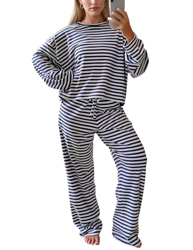 Women's Striped 2 Piece Lounge Set Casual Long Sleeve T-Shirt Drawstring Wide Leg Pants Matching Pajamas Set