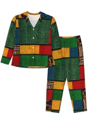 African Style Patchwork Print Soft Button Top With Pants Fall Pajamasï¼ŒChic Women'S Long-Sleeved Pajama Set