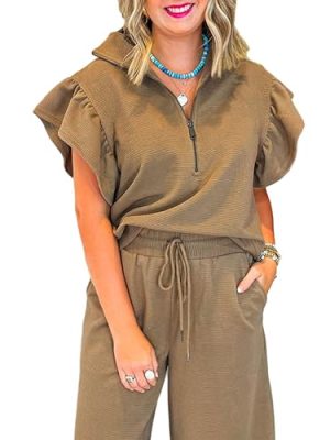 Two Piece Sets for Women Summer Outfits Ruffle Cap Sleeve Zip Top Wide Leg Pants Lounge Set Tracksuits