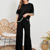 Womens Knit 2 Piece Sweater Sets Short Sleeve Pullover Tops Elastic Waist Wide Leg Pants Lounge Set