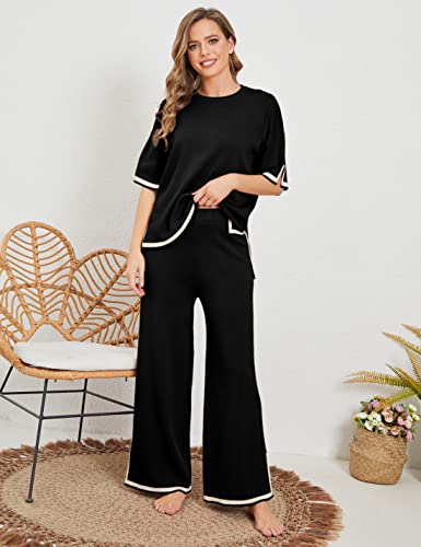 Womens Knit 2 Piece Sweater Sets Short Sleeve Pullover Tops Elastic Waist Wide Leg Pants Lounge Set