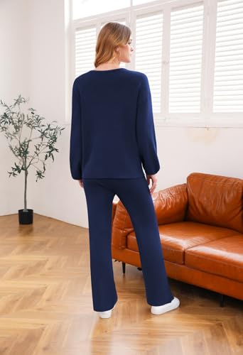 Women's 2 Piece Outfits V Neck Long Sleeve Sweater Pullover Top Wide Leg Pants Sweatsuit Lounge Sets