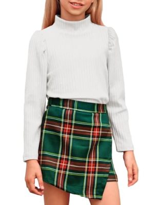 Girls 2 Piece Christmas Outfit Long Sleeve Ribbed Turtleneck Tops and Plaid Skorts Skirt Sets