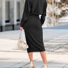 Women's 2 Piece Outfits 2025 Fall Long Sleeve Crop Tops Slit Bodycon Ribbed Knit Midi Skirt Sets Lounge Wear