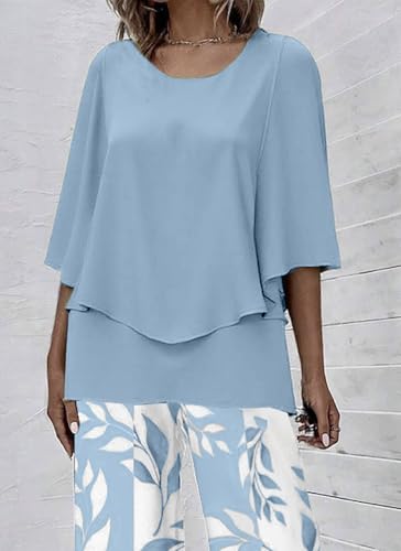 Women's 2 Piece Outfits Green 3/4 Sleeve Double Layer Top and Leaf Print Straight Leg Pants Lounge Set 2025 Trendy