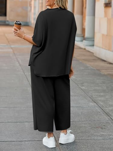 Women's Plus Size 2 Piece Outfits 3/4 Batwing Sleeve Capelet Crew Neck Pullover Top Wide Leg Pants Lounge Set