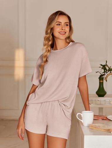 Womens Pajama Sets Short Sleeve Lounge Sets 2 Piece Pjs Tops and Shorts Outfits Matching Loungewear with Pockets