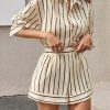 Womens 2 Piece Outfits Striped Long Sleeve Button Down Collared Shirt Matching Shorts Sets