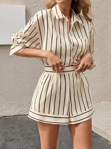 Womens 2 Piece Outfits Striped Long Sleeve Button Down Collared Shirt Matching Shorts Sets