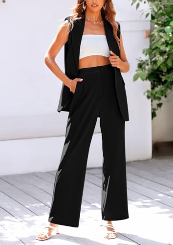 Women's 2 Piece Outfits Sleeveless Suit Vest and Wide Leg Pants Business Casual Blazer Sets