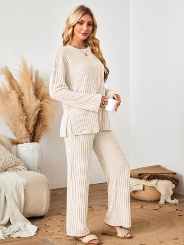 Womens Sets 2 Piece Outfits Matching Lounge Set Cozy Knit Pajamas Oversized Loungewear Fall Winter Clothes S-2XL