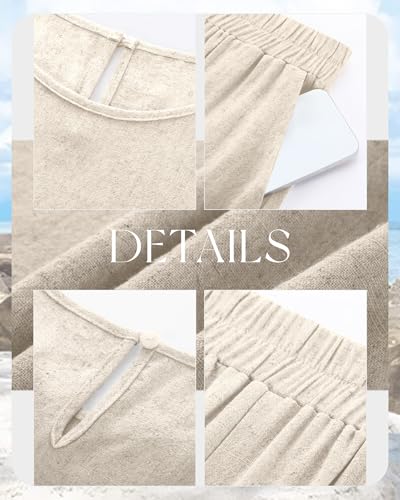 Womens 2 Piece Summer Linen Outfits Short Sets Round Neck Sleeveless Tank Top Elastic High Waisted Shorts with Pockets