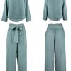 Womens 2 Piece Outfit Set V Neck Long Sleeves Tops High Waisted Paper Bag Pants with Belt
