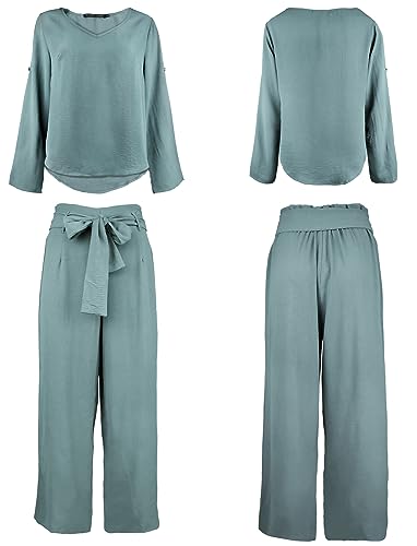 Womens 2 Piece Outfit Set V Neck Long Sleeves Tops High Waisted Paper Bag Pants with Belt