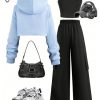 Girl's 3 Piece Workout Sports Outfits Cami Crop Top and Cargo Pants with Bow Knot Hoodie Active Sets