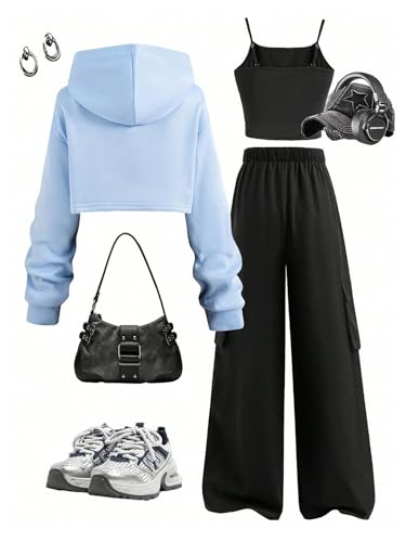 Girl's 3 Piece Workout Sports Outfits Cami Crop Top and Cargo Pants with Bow Knot Hoodie Active Sets