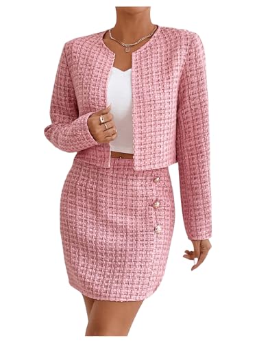 Women's 2 Piece Outfits Plaid Tweed Blazer Long Sleeve Jacket and Skirt Set