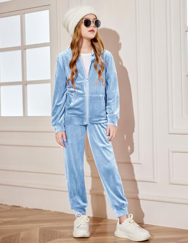 2 Piece Outfits for Girls Velour Tracksuit Hoodie and Jogger Set Sweatsuit Athletic Clothes Sets