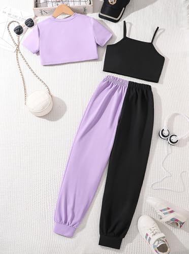 Girls' Summer 3 Pieces Outfits Graphic Crop Top and Camisole with Sweatpants Set