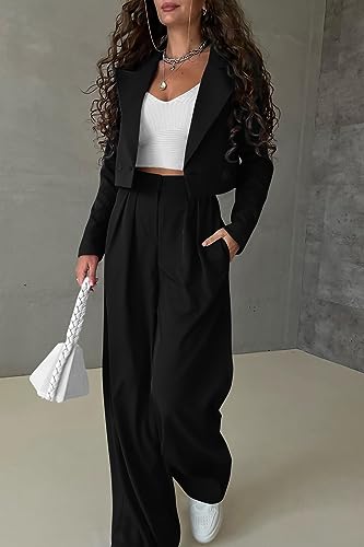 Women's 2 Piece Casual Outfits Cropped Blazer Jackets High Waisted Wide Leg Work Pants Suit Set
