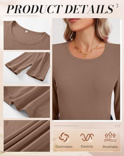 3 Pack Women's Ribbed Long Sleeve Tops, Crew Neck Slim Fit Undershirts Knit Basic Casual Stretch Layering Tee Shirts