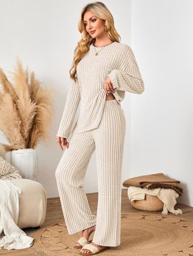 Womens Sets 2 Piece Outfits Matching Lounge Set Cozy Knit Pajamas Oversized Loungewear Fall Winter Clothes S-2XL