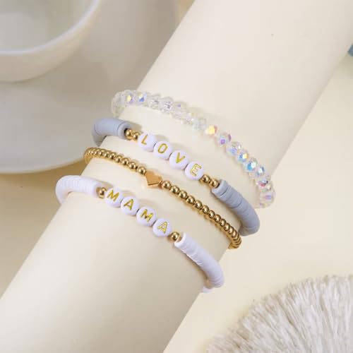 Mama Bracelets for Women Multilayer Polymer Clay Heishi Beaded Stackable Bracelets Set Boho Summer Beach Jewelry Mother's Day