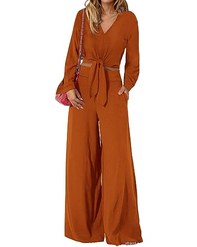 Women's 2 Piece Outfits 2025 Fall Fashion V Neck Long Sleeve Strappy Crop Top Wide Leg Pant Lounge Sets