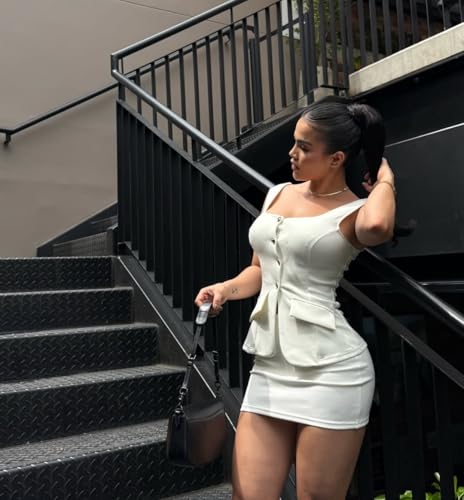 Women's Summer 2 Piece Outfit Sleeveless Blazer Vest Mini Skirt Set Elegant Button-Up Suit Matching Workwear