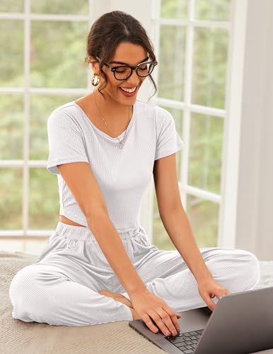 Ekouaer Women's 2 Piece Lounge Sets Short Sleeve Pajama Set Ribbed Knit Crop Top Wide Leg Pants Loungewear S-XXL