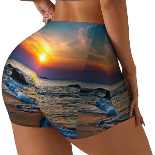 Beach and Sunset Print Women's Workout Shorts Elastic Athletic Gym Shorts Summer Seamless High-Waisted Yoga
