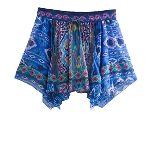 2 Piece Set Print Tube Top Elastic Waist Shorts Suit Female Casual Vacation Blue Suits