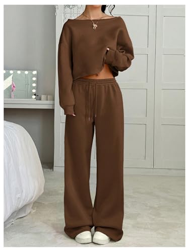 Women's 2 Piece Outfits Fall Sweatsuits Off The Shoulder Crop Top Wide Leg Sweatpants Casual Matching Lounge Sets