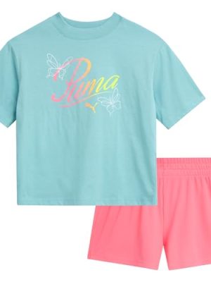 Girls Athletic Shorts Set - 2 Piece Active Performance TShirt and Gym Bike Kids Shorts Girls Activewear Set (7-14)