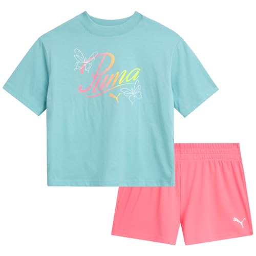 Girls Athletic Shorts Set - 2 Piece Active Performance TShirt and Gym Bike Kids Shorts Girls Activewear Set (7-14)