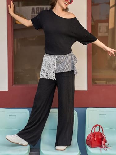 Women's 2 Piece Travel Outfits Casual Short Sleeve Knit Sweater Set Wide Leg Pants Lounge Sets Tracksuit