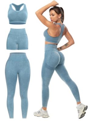 3 Piece Workout Sets for Women Butt Lifting Leggings with High Impact Sports Bra Gym Shorts