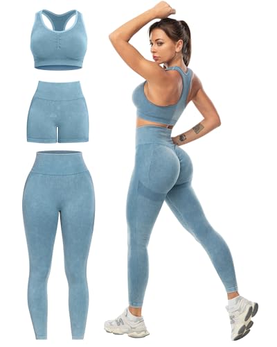 3 Piece Workout Sets for Women Butt Lifting Leggings with High Impact Sports Bra Gym Shorts