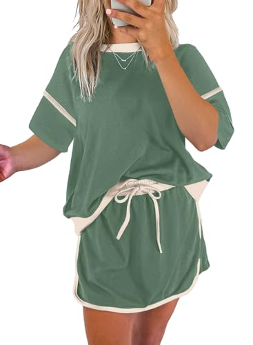 Women's 2 Piece Sets Summer Casual Short Sleeve Tops Matching Drawstring Mini Skirt Going Out Lounge Outfits