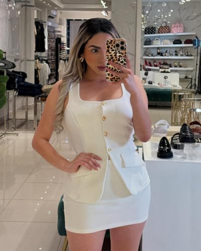 Women's Summer 2 Piece Outfit Sleeveless Blazer Vest Mini Skirt Set Elegant Button-Up Suit Matching Workwear