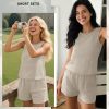Womens 2 Piece Summer Linen Outfits Short Sets Round Neck Sleeveless Tank Top Elastic High Waisted Shorts with Pockets