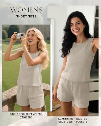 Womens 2 Piece Summer Linen Outfits Short Sets Round Neck Sleeveless Tank Top Elastic High Waisted Shorts with Pockets