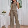 Women Suiting 2 Piece Outfits Knit Set Sleeveless Button Down Vest Wide Leg Pants Lounge Sets