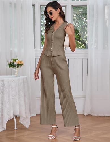 Women Suiting 2 Piece Outfits Knit Set Sleeveless Button Down Vest Wide Leg Pants Lounge Sets