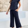 Women's 2 Piece Outfits Sweatsuit Casual Lapel Collar Short Sleeve Tops Drawstring Wide Leg Pant Lounge Sets