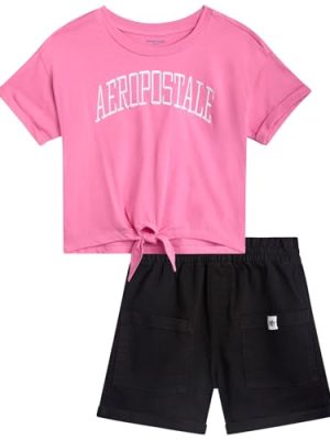 Girls Shorts Set - 2 Piece Short Sleeve Graphic Tee and Paperbag Twill or Denim Shorts Outfits for Girls (7-12)