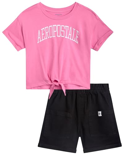 Girls Shorts Set - 2 Piece Short Sleeve Graphic Tee and Paperbag Twill or Denim Shorts Outfits for Girls (7-12)
