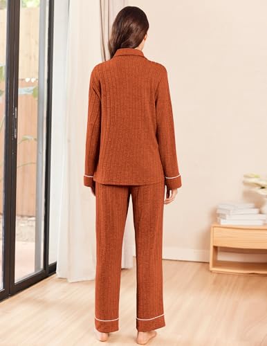 Womens Pajama Sets Long Sleeve Ribbed Knit Lounge Set Button Down Soft 2 Piece Pjs With Pockets