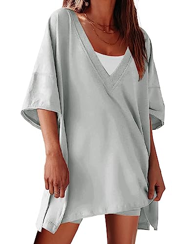 2 Piece Outfits for Women Reversible Oversized T Shirt Biker Shorts Sets Workout Tracksuit