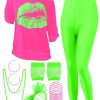 80s Women Costume Set, Lips Print off Shoulder T-shirt, Geometric Legging Pants Earring Necklace Gloves Bracelet